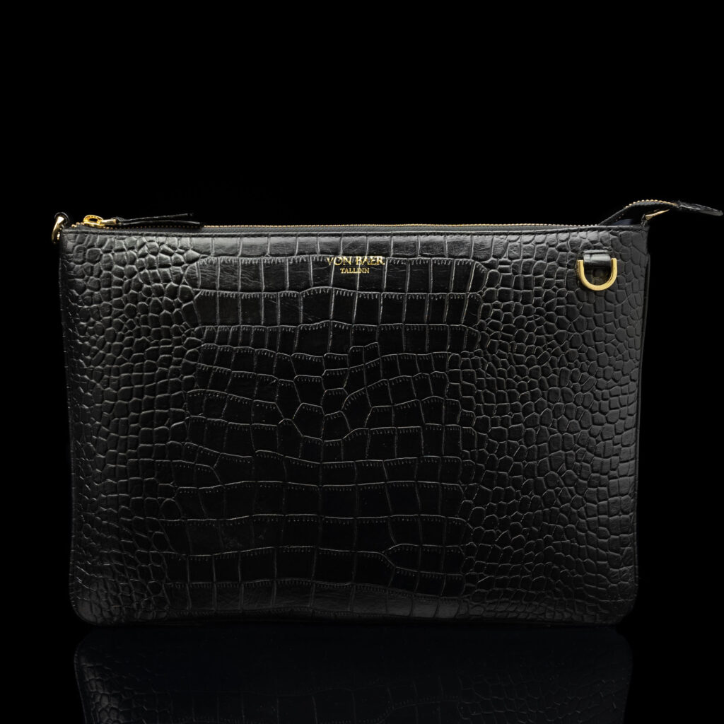 von baer nahast naiste sülearvutikott lukuga must croco eestvaade