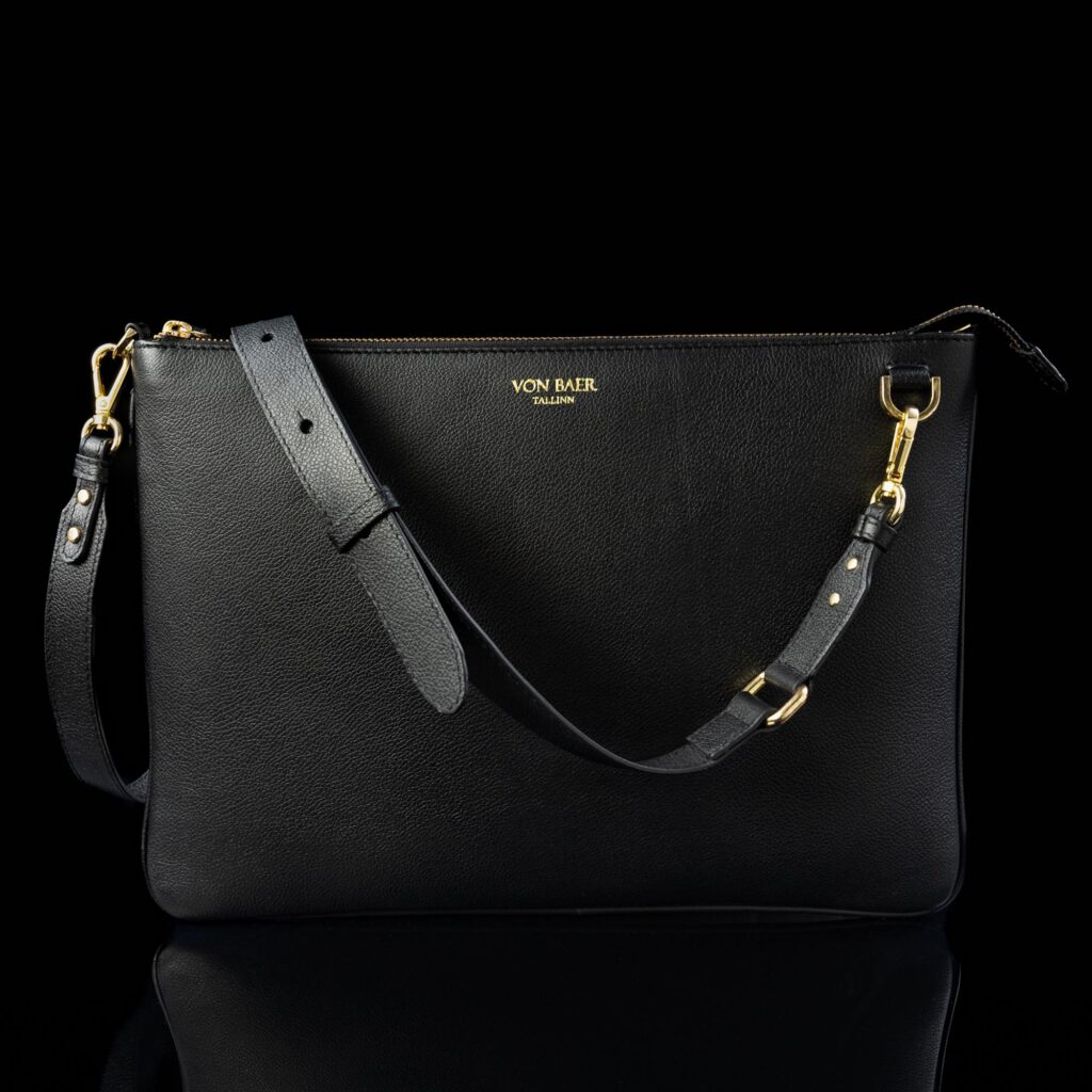 von baer nahast naiste sulearvutikott õlakott lukuga must reguleeritava olarihmaga eestvaade